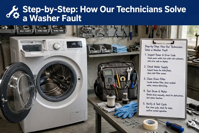 Technician following a step-by-step diagnostic procedure on a washing machine